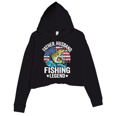 Father Husband Fishing Legend American Flag Dad Fishing Gift Crop Fleece Hoodie