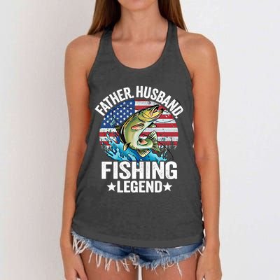 Father Husband Fishing Legend American Flag Dad Fishing Gift Women's Knotted Racerback Tank