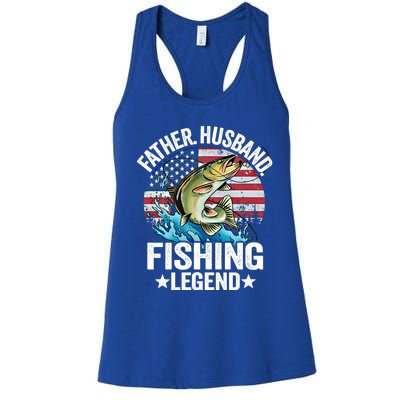 Father Husband Fishing Legend American Flag Dad Fishing Gift Women's Racerback Tank