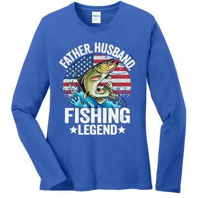 Father Husband Fishing Legend American Flag Dad Fishing Gift Ladies Long Sleeve Shirt