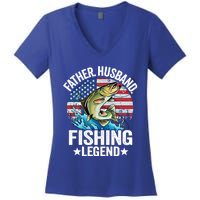 Father Husband Fishing Legend American Flag Dad Fishing Gift Women's V-Neck T-Shirt