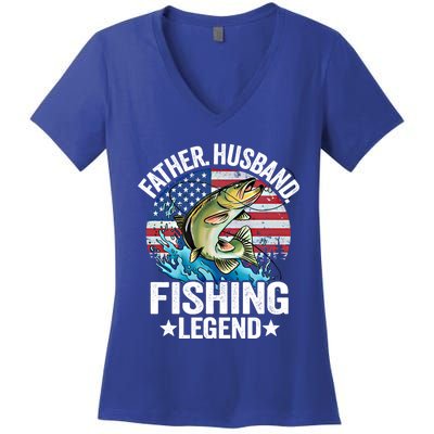 Father Husband Fishing Legend American Flag Dad Fishing Gift Women's V-Neck T-Shirt