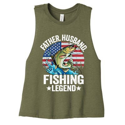 Father Husband Fishing Legend American Flag Dad Fishing Gift Women's Racerback Cropped Tank