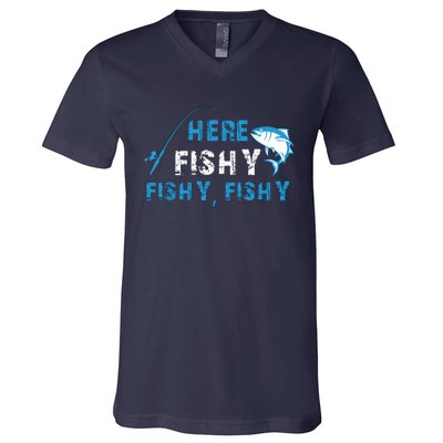 Fishing Here Fishy Bass Fish Gift Women Funny V-Neck T-Shirt