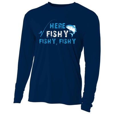 Fishing Here Fishy Bass Fish Gift Women Funny Cooling Performance Long Sleeve Crew