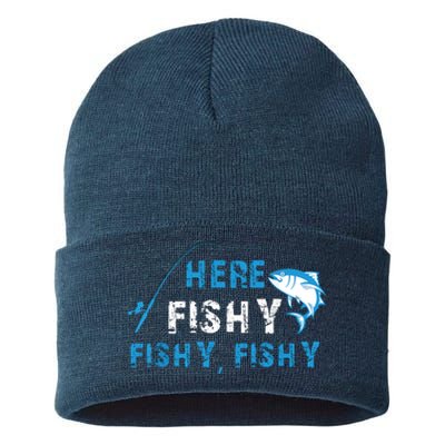 Fishing Here Fishy Bass Fish Gift Women Funny Sustainable Knit Beanie