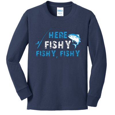 Fishing Here Fishy Bass Fish Gift Women Funny Kids Long Sleeve Shirt