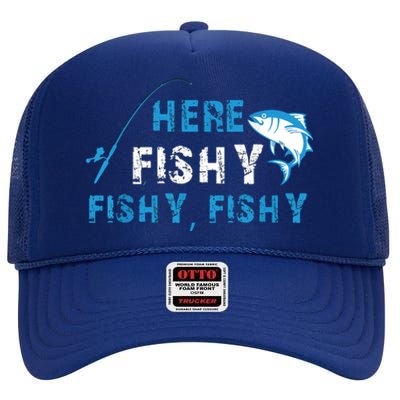 Fishing Here Fishy Bass Fish Gift Women Funny High Crown Mesh Back Trucker Hat