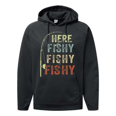 Fishing Here Fishy Bass Fish Gift Funny Performance Fleece Hoodie