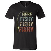 Fishing Here Fishy Bass Fish Gift Funny V-Neck T-Shirt