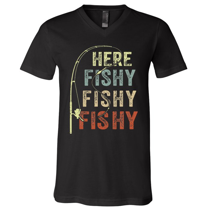 Fishing Here Fishy Bass Fish Gift Funny V-Neck T-Shirt