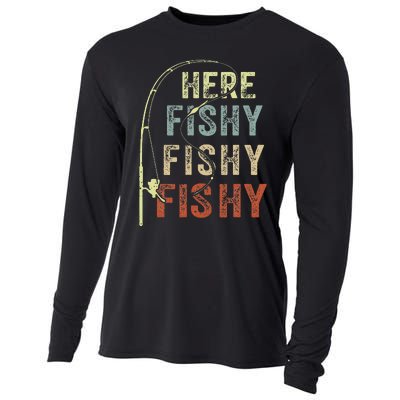 Fishing Here Fishy Bass Fish Gift Funny Cooling Performance Long Sleeve Crew