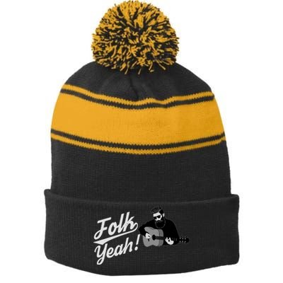 Funny Hipster Folk Yeah! Folk Music Acoustic Guitar Lover Stripe Pom Pom Beanie