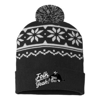 Funny Hipster Folk Yeah! Folk Music Acoustic Guitar Lover USA-Made Snowflake Beanie