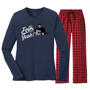 Funny Hipster Folk Yeah! Folk Music Acoustic Guitar Lover Women's Long Sleeve Flannel Pajama Set 