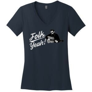 Funny Hipster Folk Yeah! Folk Music Acoustic Guitar Lover Women's V-Neck T-Shirt