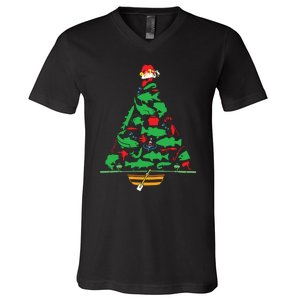 Fun Holiday Fishermans Fishing Christmas Tree V-Neck T-Shirt