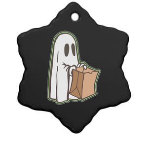 Funny Halloween Ghost with Candy Bag Ceramic Star Ornament