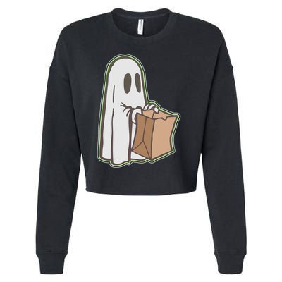 Funny Halloween Ghost with Candy Bag Cropped Pullover Crew