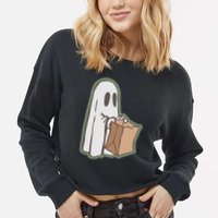 Funny Halloween Ghost with Candy Bag Cropped Pullover Crew