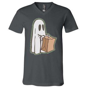 Funny Halloween Ghost with Candy Bag V-Neck T-Shirt