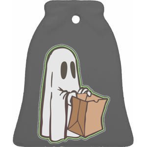 Funny Halloween Ghost with Candy Bag Ceramic Bell Ornament