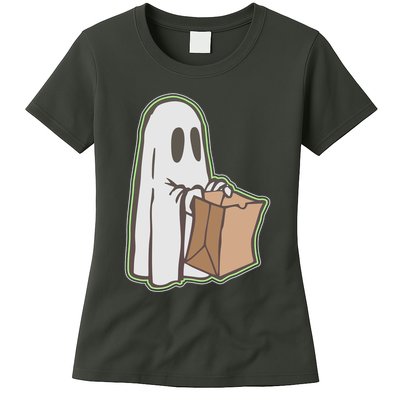Funny Halloween Ghost with Candy Bag Womens T-Shirt