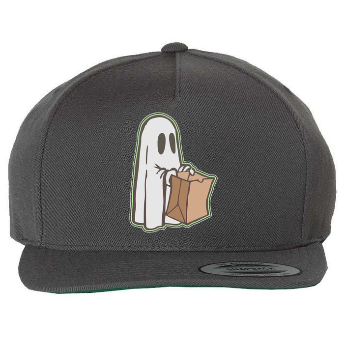 Funny Halloween Ghost with Candy Bag Wool Snapback Cap