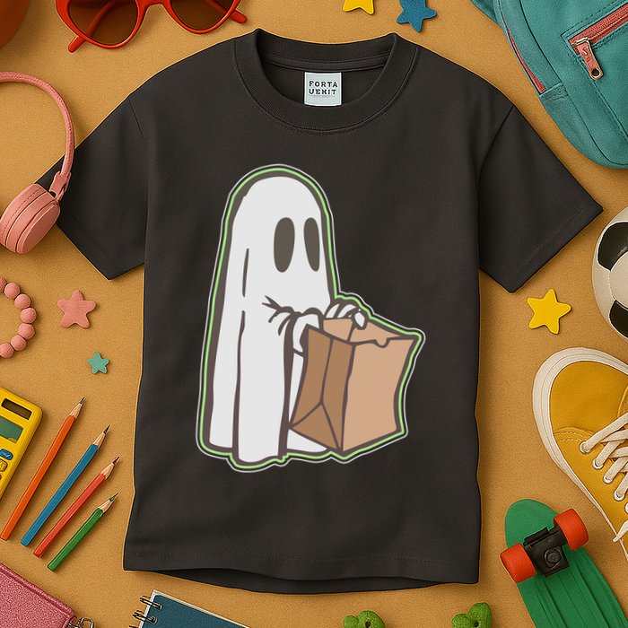 Funny Halloween Ghost with Candy Bag Kids T-Shirt