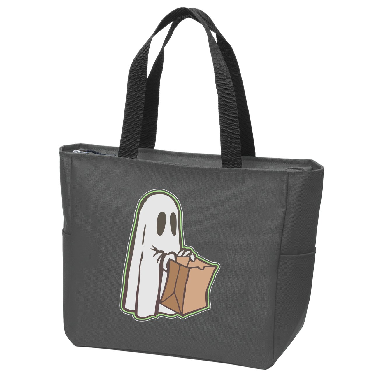 Funny Halloween Ghost with Candy Bag Zip Tote Bag