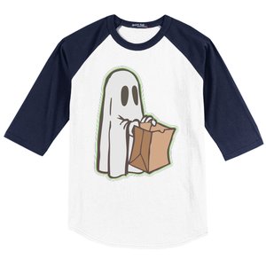 Funny Halloween Ghost with Candy Bag Baseball Sleeve Shirt