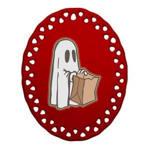 Funny Halloween Ghost with Candy Bag Ceramic Oval Ornament