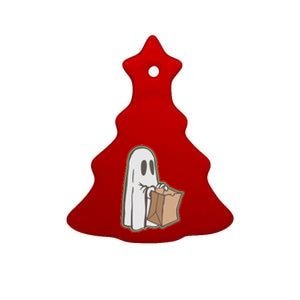 Funny Halloween Ghost with Candy Bag Ceramic Tree Ornament