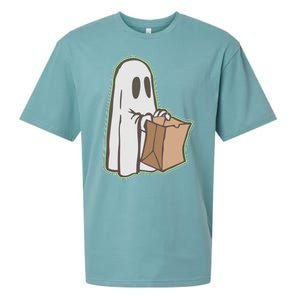 Funny Halloween Ghost with Candy Bag Sueded Cloud Jersey T-Shirt