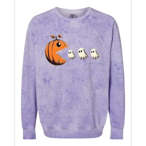 Funny Halloween Gamer Pumpkin Eating Ghosts Game Gift Colorblast Crewneck Sweatshirt