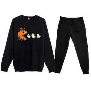 Funny Halloween Gamer Pumpkin Eating Ghosts Game Gift Premium Crewneck Sweatsuit Set