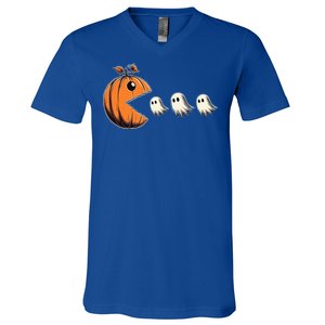 Funny Halloween Gamer Pumpkin Eating Ghosts Game Gift V-Neck T-Shirt