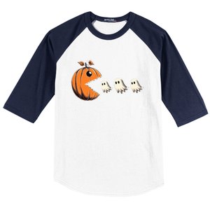 Funny Halloween Gamer Pumpkin Eating Ghosts Game Gift Baseball Sleeve Shirt