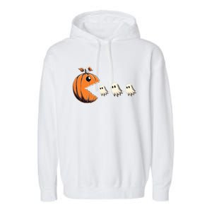 Funny Halloween Gamer Pumpkin Eating Ghosts Game Gift Garment-Dyed Fleece Hoodie