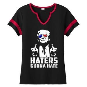 Funny Haters Gonna Hate President Donald Trump Middle Finger Ladies Halftime Notch Neck Tee