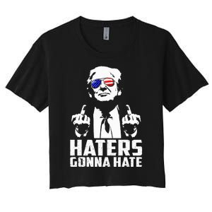 Funny Haters Gonna Hate President Donald Trump Middle Finger Women's Crop Top Tee