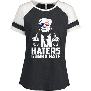 Funny Haters Gonna Hate President Donald Trump Middle Finger Enza Ladies Jersey Colorblock Tee