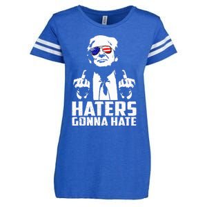 Funny Haters Gonna Hate President Donald Trump Middle Finger Enza Ladies Jersey Football T-Shirt