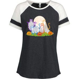 Funny Halloween Ghost Cats Enza Ladies Jersey Colorblock Tee