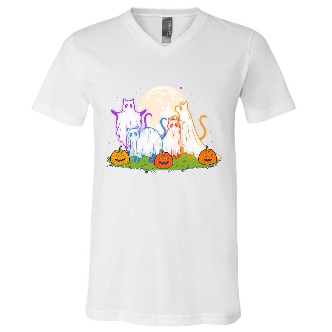Funny Halloween Ghost Cats V-Neck T-Shirt