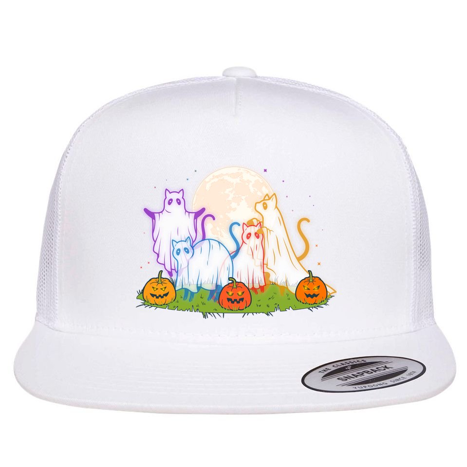 Funny Halloween Ghost Cats Flat Bill Trucker Hat