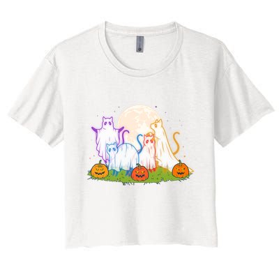 Funny Halloween Ghost Cats Crop Top