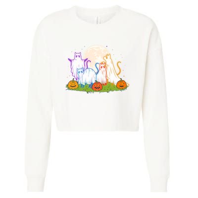 Funny Halloween Ghost Cats Cropped Pullover Crew