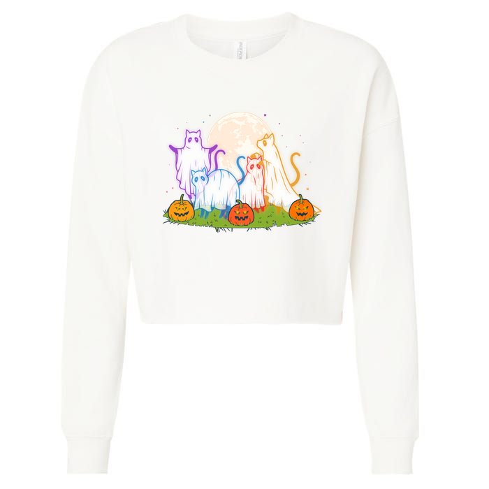 Funny Halloween Ghost Cats Cropped Pullover Crew
