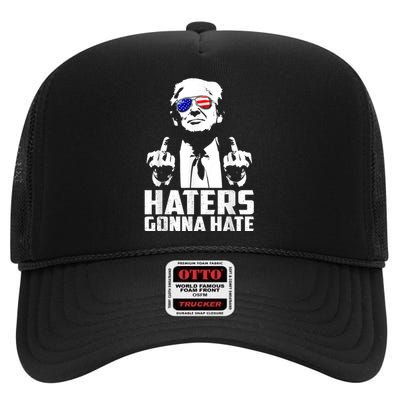 Funny Haters Gonna Hate President Donald Trump Middle Finger High Crown Mesh Back Trucker Hat